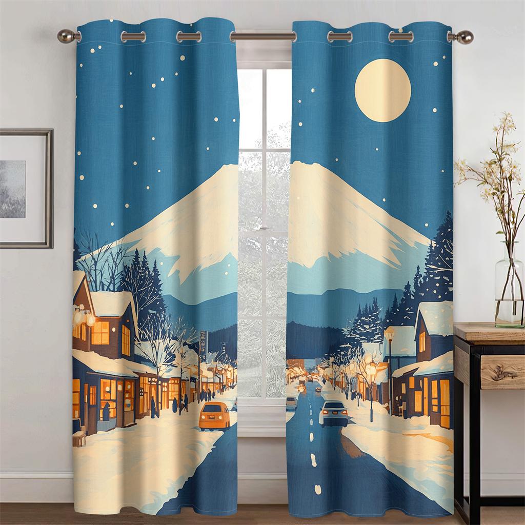 Klassischer Cartoon Berg Fuji Vorhang Schnee Straßen Atmosphäre 2 Paneele Wohnzimmer Schlafzimmer Küche Balkon Fensterdeko