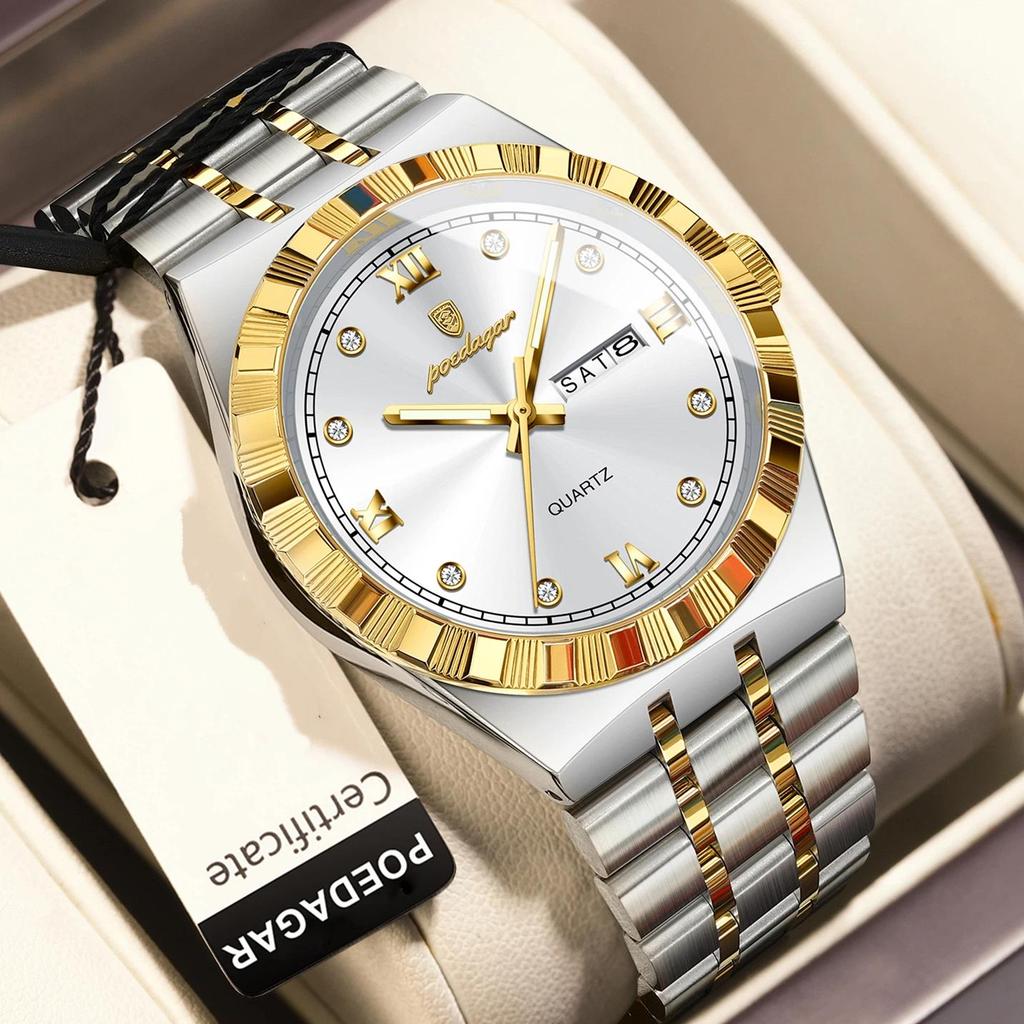 POEDAGAR Luxury Business Male Watch Waterproof Luminous Week Date Wristwatch Stainless Steel Trendy Quartz Watches for Men