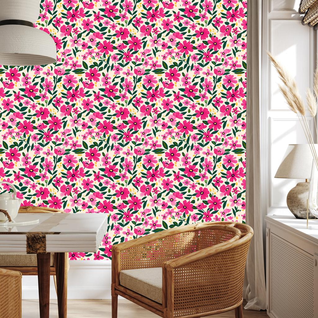 Wallpaper Flowers and Leaves Purple, Powder Pink and Cream 50x1000