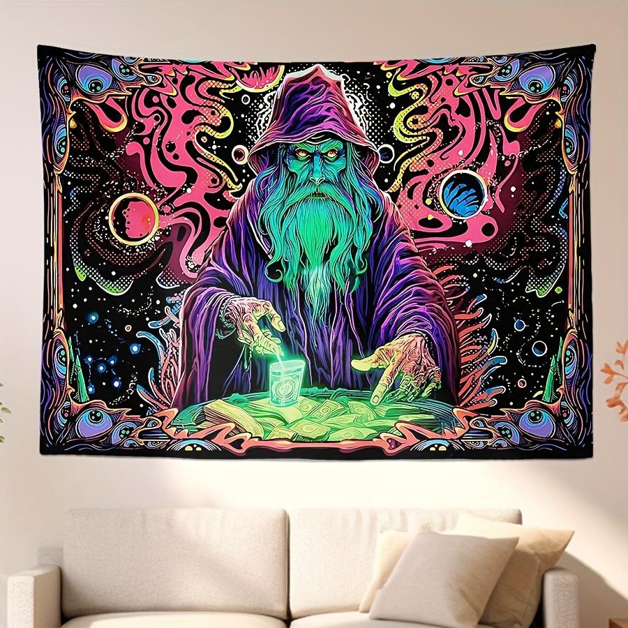 Psychedelic Wizard Tapestry: Vibrant Neon Wall Art for an Enchanting, Magical, and Unique Decor Statement Piece