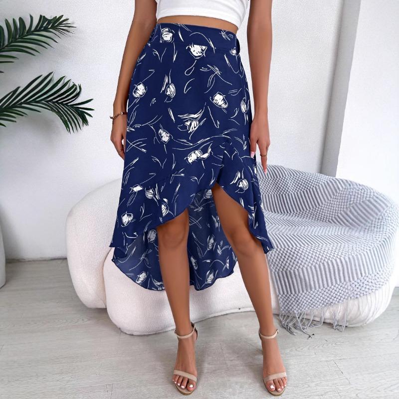 Women's Spring Summer Leisure Flower Asymmetrical Flounces Mid-length Skirt