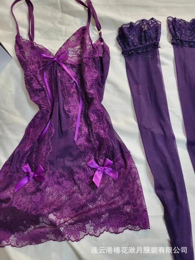 Sexy Lila Charme Zarte Ehefrau Sexy Hohlspitze Mesh Träger Schöner Rücken Suspender Pure Desire