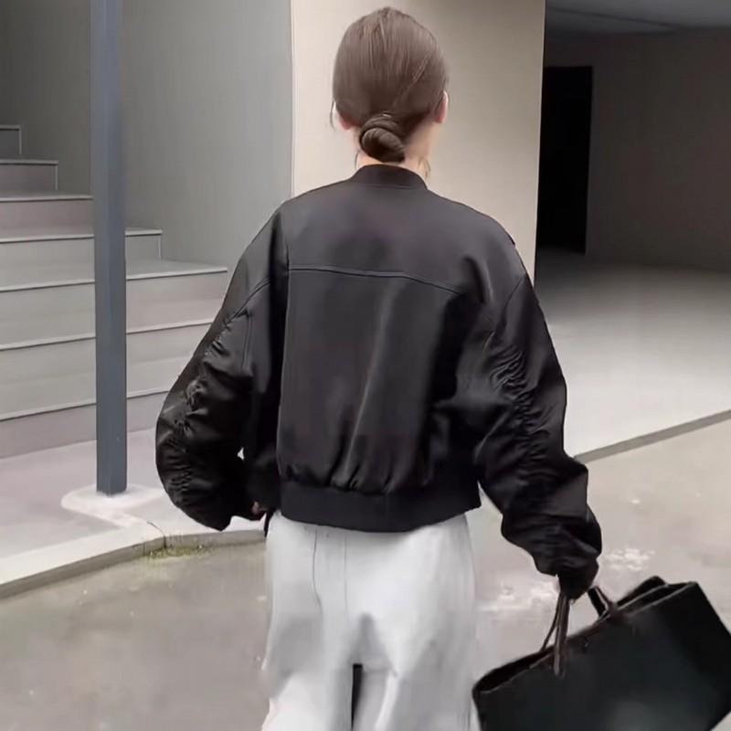 Womens Satin Stand Collar Baseball Jacket 2026 Loose Fit Slimming Casual Blazer Outerwear