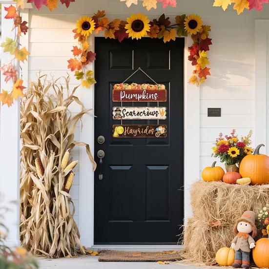 Rustic Pumpkin Door Sign Set, Wooden Scarecrow Wall Hanging Decor with Sunflower and Maple Leaf, Vintage Fall Harvest Welcome Plaque