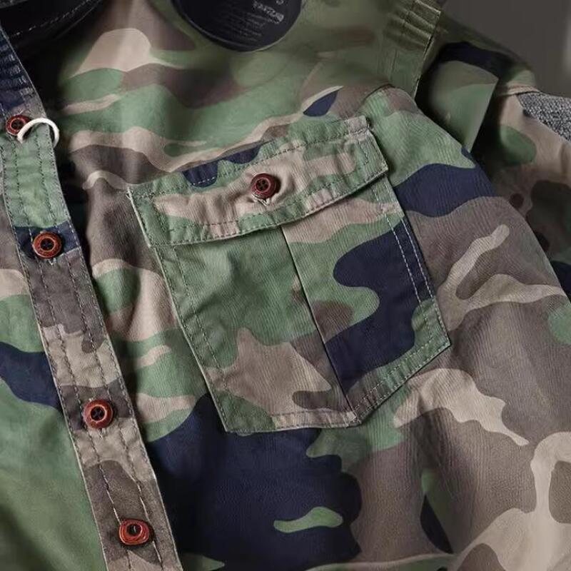 Men Washed Camouflage Long Sleeve Shirt Casual Military Utility Workwear Tops Young Men Fashion Streetwear Breathable Daily Wear Outdoor Shirt