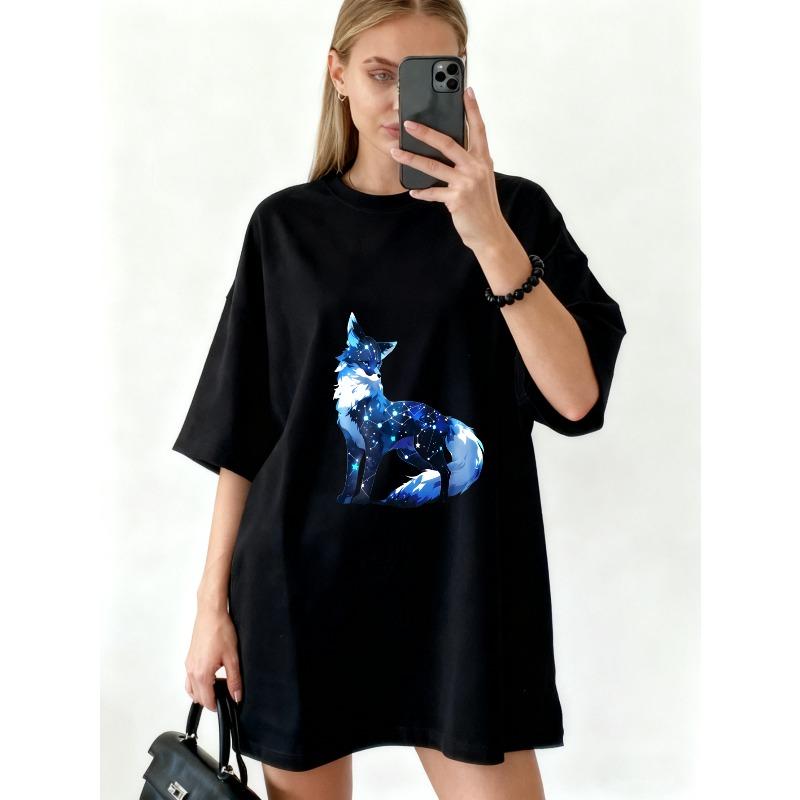 Oversized T Shirt Dress Black Cosmic Fox Print For Casual Wear