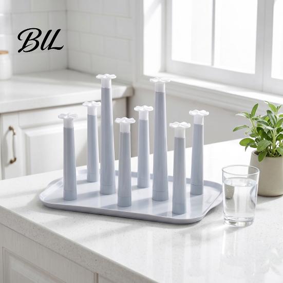 Home Cup Organizer 6-Slot Plastic Drying Rack with Drip Tray Space-Saving Anti-bacterial Holder Countertop for Mugs Glasses BPA-Free Kitchen