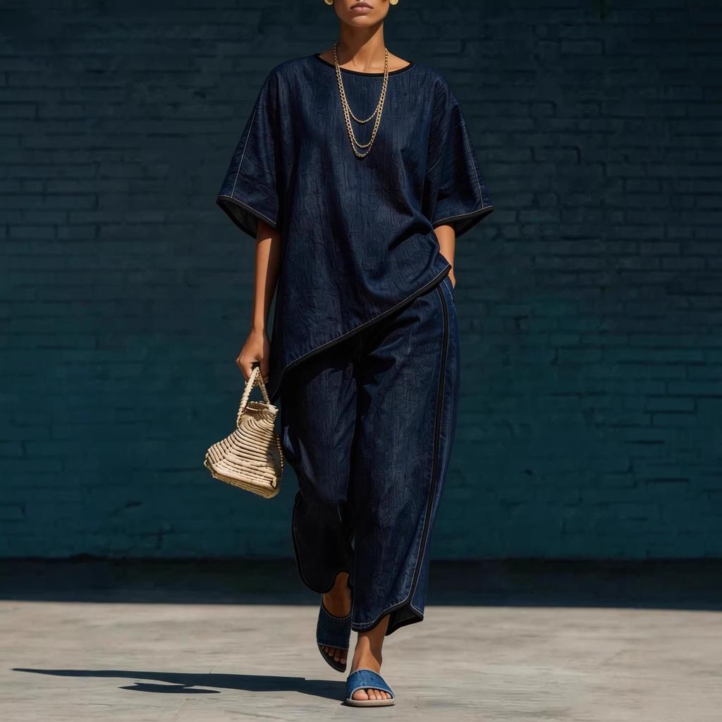 2026 Spot New Cross-border European and American Fashion Anti-denim Loose Wide-leg Pants Two-piece Set Elegant Casual Style