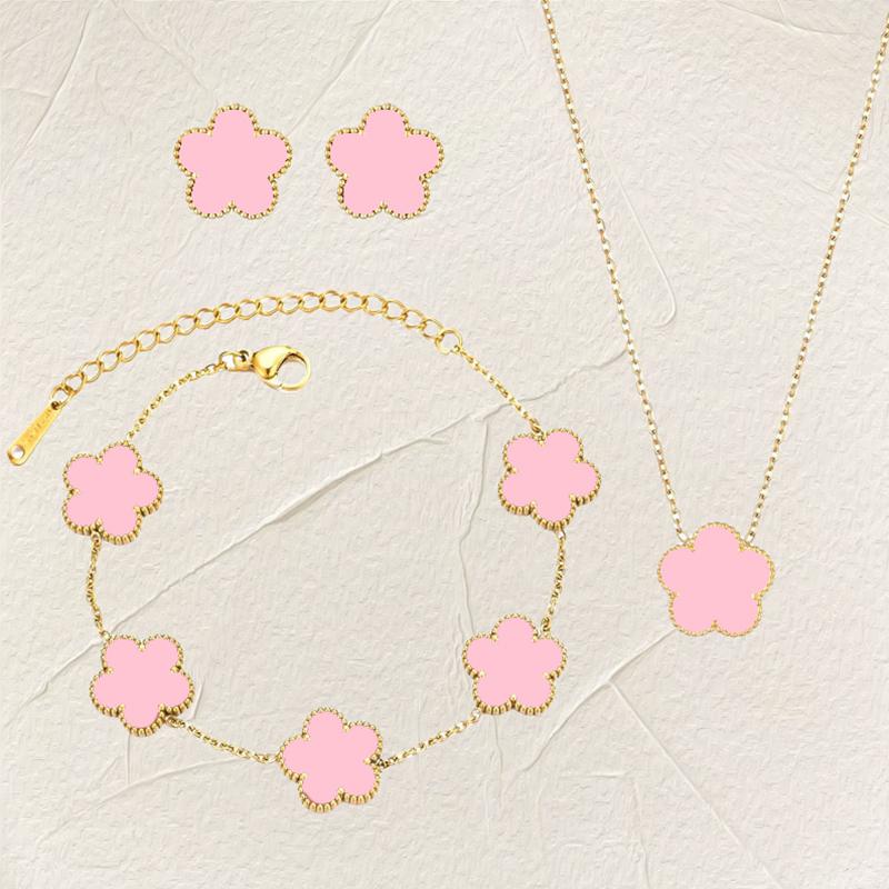 Luxury Zircon Set for Women copper Color Chain Stainless Steel Double Sided Five Leaf Flower Necklace Earrings Bracelet Clover