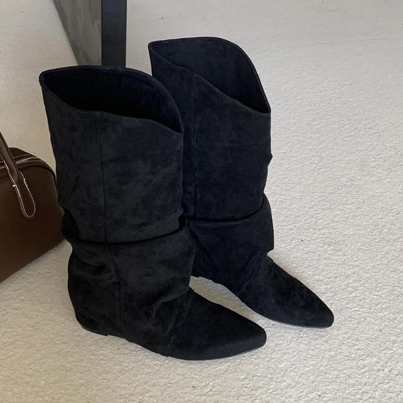 Płaskie Kozaki Damskie Szpiczasty Nosek Projektanckie Buty do Połowy Łydki Zima 2025 Modne Botki Chelsea Nowy Trend Gladiator Walking Mujer Botas