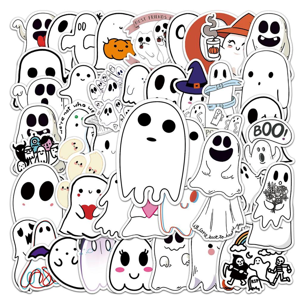 50 Cute Halloween Ghost Graffiti Cartoon Stickers for DIY: Skateboards, Water Bottles, and Suitcases