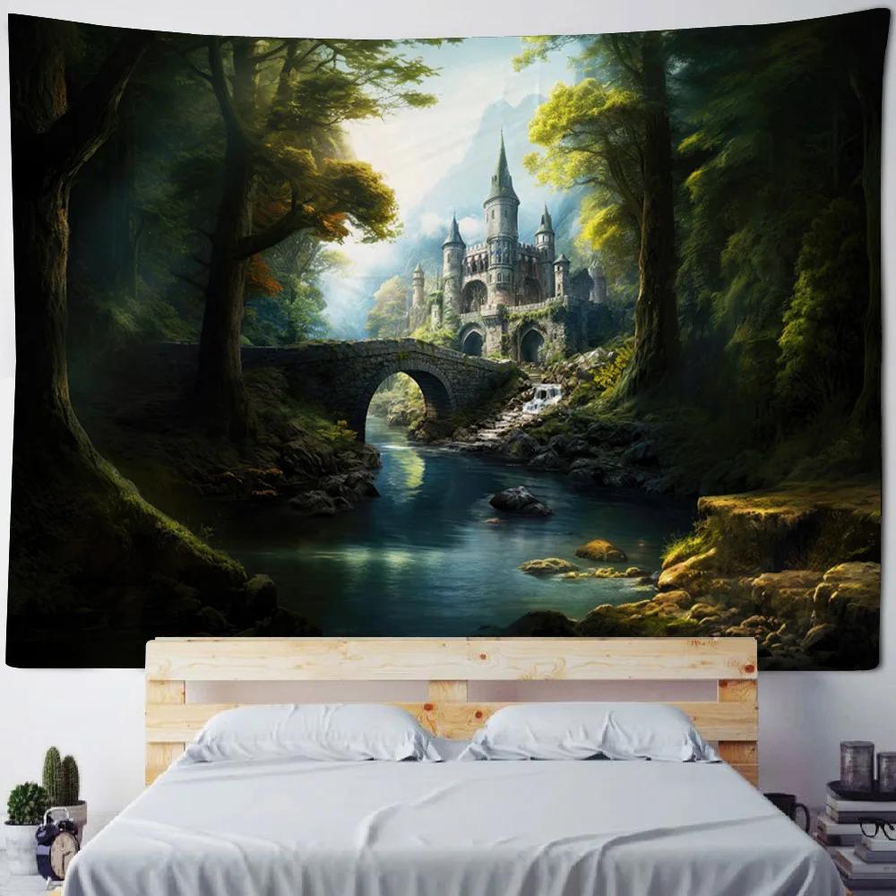 Green jungle tapestry, psychedelic castle home decoration wall hanging, Bohemian living room background cloth poster, sofa cover
