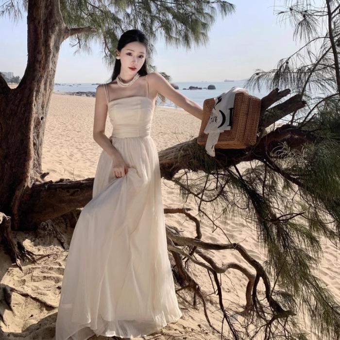 Purple Suspender Dress: Women's 2024 Summer Fairy Style, Solid Color, Waist-Slimming, Long Vacation Dress