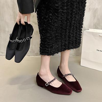 Square Head Single Shoes Women's Early Spring New Velvet Surface Low Heel Light Mouth Thick Heel Temperament Mary Jane Shoes