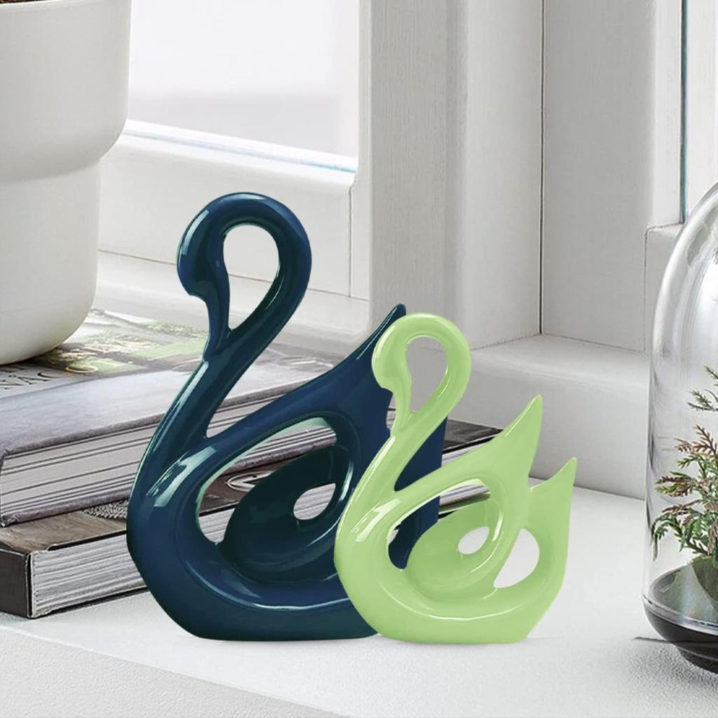 Lucky Swan Couple Piano Finish Ceramic Figures for Home Decor (Set of 2 Pc, Large, Navy Blue & Parrot)