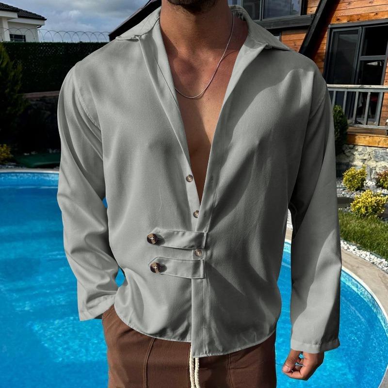 Mens Solid Color Casual Lapel Long Sleeve Shirt