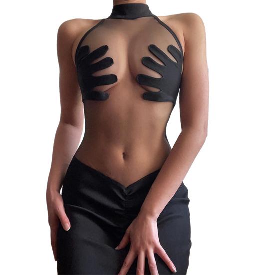 O-neck Sleeveless Hip Wrap Hand-shaped Cover Bodycon Dress Ruched See-Through Mesh Stitching Sexy Mini Dress Club Wear