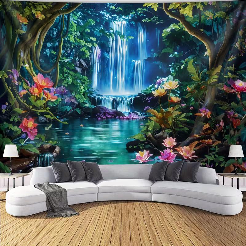 2D Mystical Jungle Waterfall Tapestry Enchanted Nature Wall Hanging