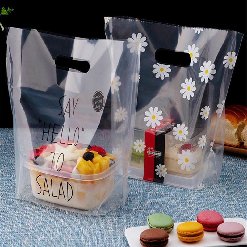 50pcs Transparent Clear Thicken Plastic Portable Stand Salad Dessert Bread Cake Food Packaging Takeaway Hand Bags