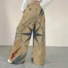 Women Plus Size Beige Star Striped Printed Loose Straight Leg Full Length Pants