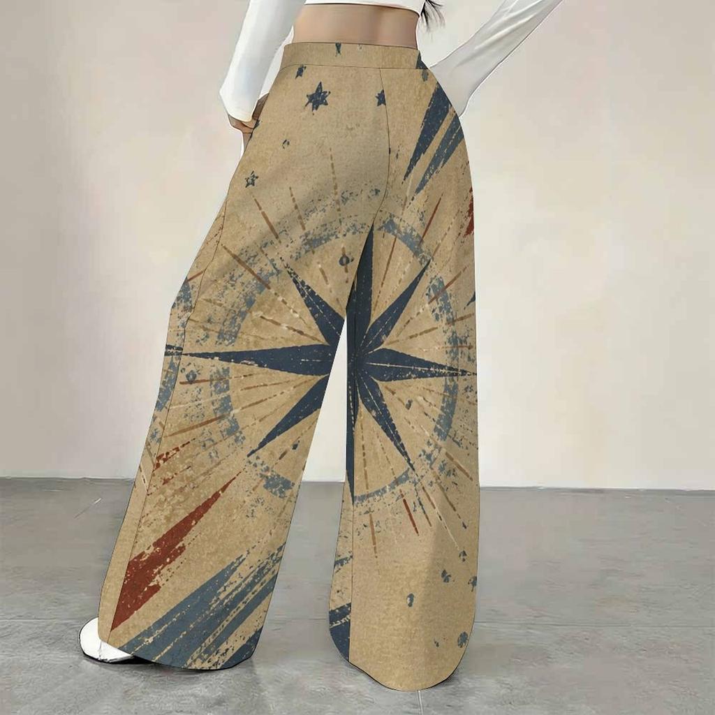 Women Plus Size Beige Star Striped Printed Loose Straight Leg Full Length Pants