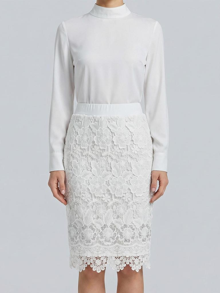 Elegant High-Waisted Lace Midi Skirt - Slim Fit, Hollow Design, Hip-Hugging Style for Women
