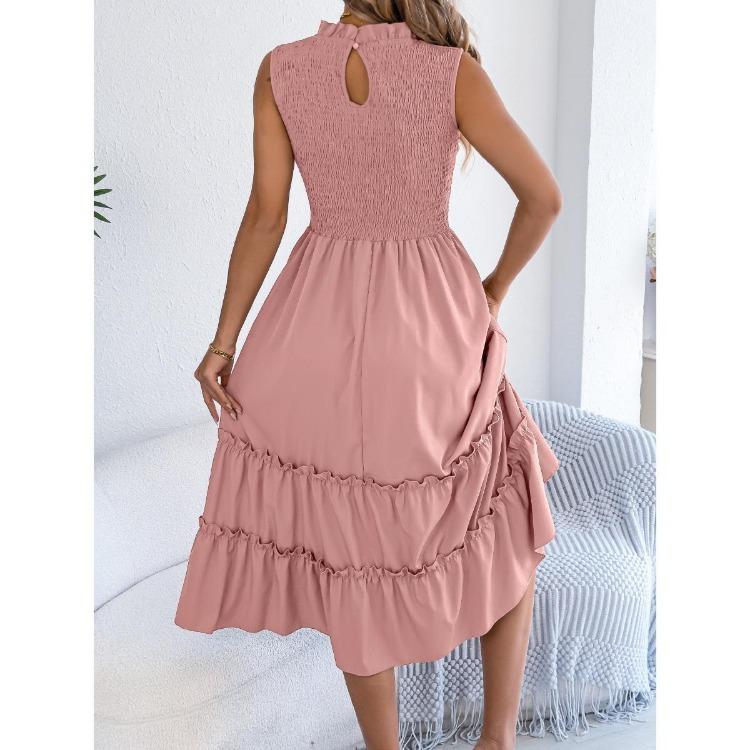 Spring Summer Women Sleeveless Smocked Waist Flowy Maxi Long Dress with Ruffle Trim Casual for European American Crossborder