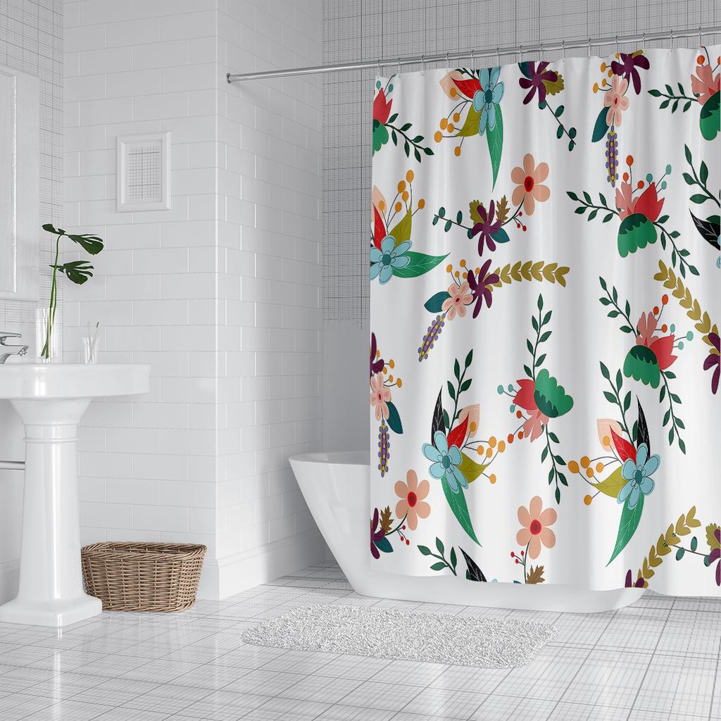 1 Piece of 180x180cm Green Leaf Pink Flower Digital Printing Shower Curtain Partition, Bathroom Waterproof and Mold Resistant