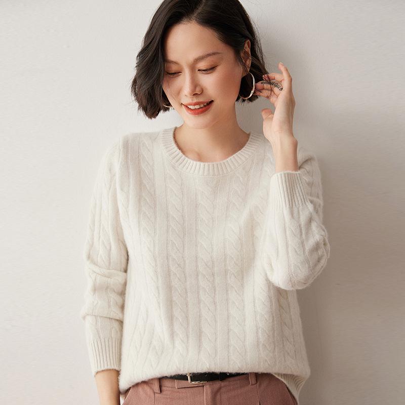 Women's 2024 Cashmere Cable Knit Crew Neck Sweater, Versatile Twisted Base Layer for Autumn/Winter