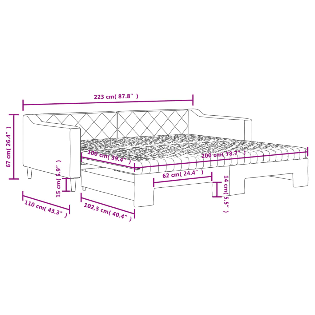 Pull Out Daybed with Mattress Light Grey 100 X 200 Cm Fabric