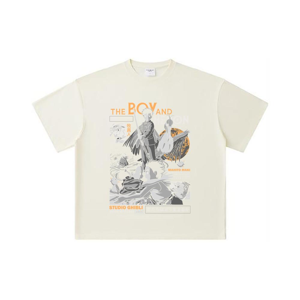 260 GSM Double Yarn 32 Count 100% Cotton Ghibli V3 The Boy The Heron Print Unisex Heavy Cotton T Shirt S
