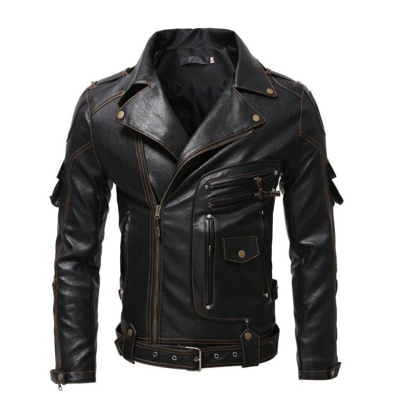 Spot European and American men's clothing retro leather men's multi-pocket personalized leather coat coat