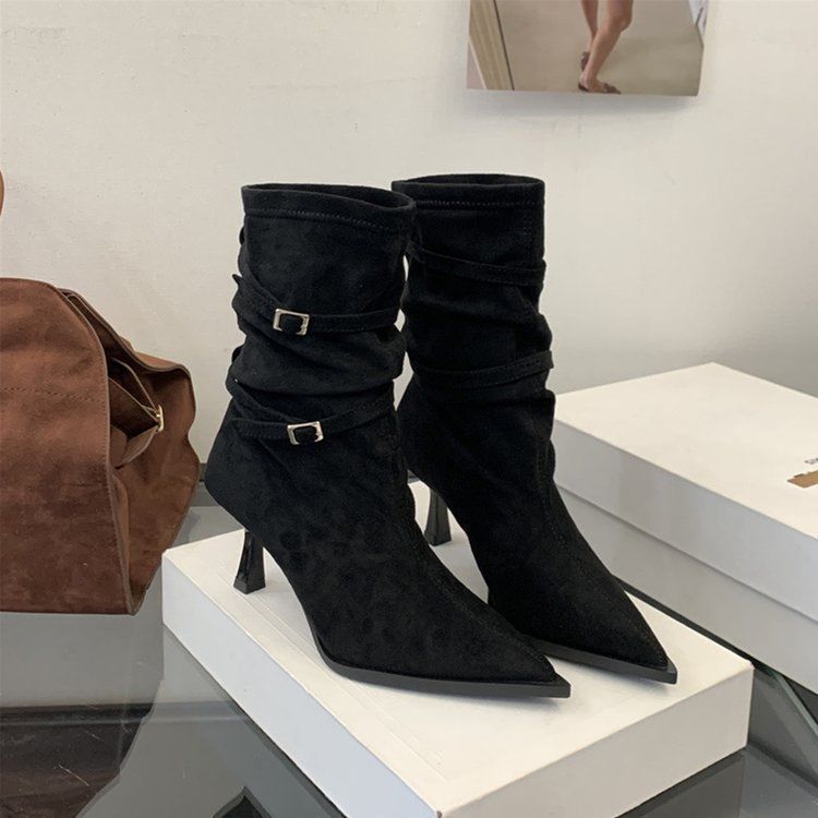 

Temperament Skinny Pointed Heel Belt Buckle Pleated Stacking Boots Elastic Short Boots Women s Versatile Fashion Outer Fashion Boots 35 чорний