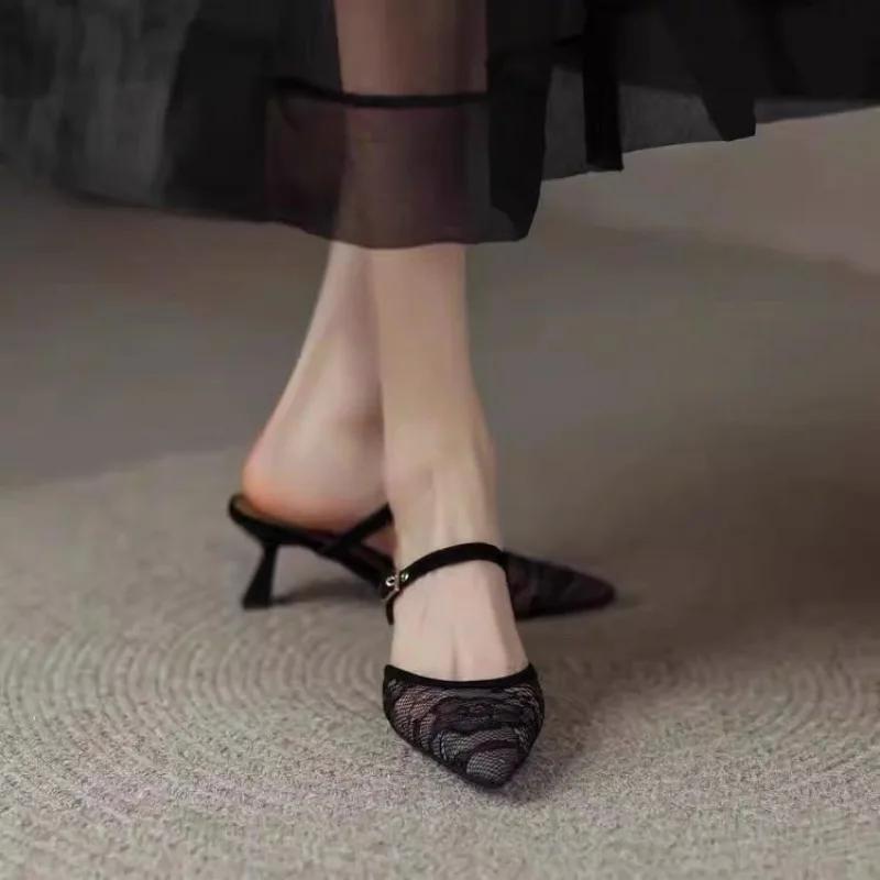 Fashion Mesh Sandals Women's 2025 New Baotou Half Slippers Wear Soft Sole High Heels Outside