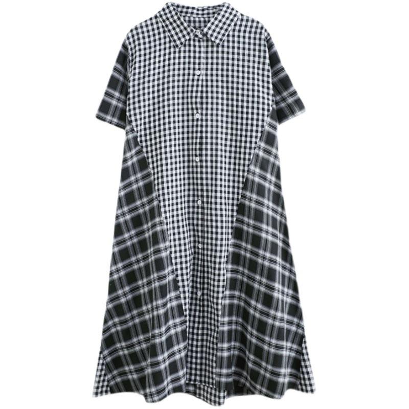 Summer Fat MM Loose Large Size Meat Covering Medium Long Checkered Shirt Dress