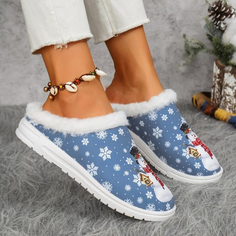 Women's Christmas Limited Edition Red Snowman & Snowflake Slip-On Loafers - Cozy Winter Fabric Slippers with Non-Slip Rubber Sole, Festive Holiday
