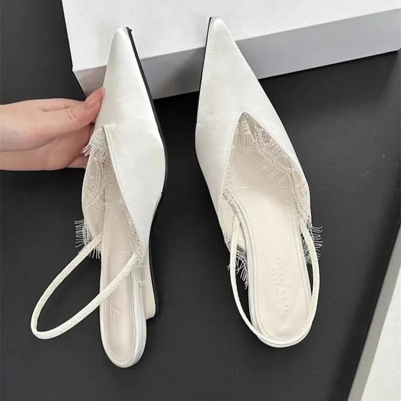 Shoes Female 2025 Summer Mules Women's Sandals Fashion Lace Trimmed Dress Sandals Women Pointed Toe Slip on Shoes Women Zapatos