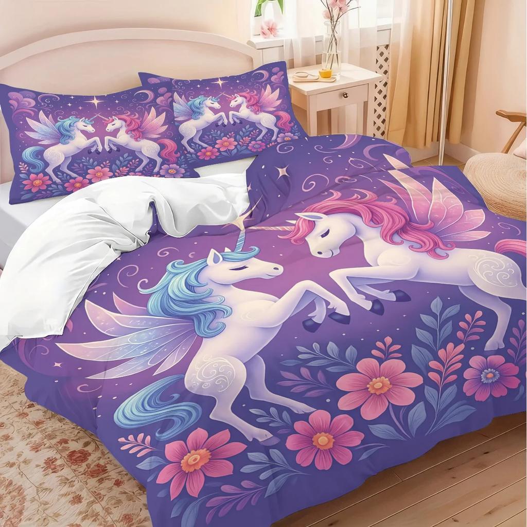 3-Piece Set Of Dreamy Unicorn Print 1 Down Duvet Cover+2 Pillowcases No Core. Soft And Comfortable Machine Washable