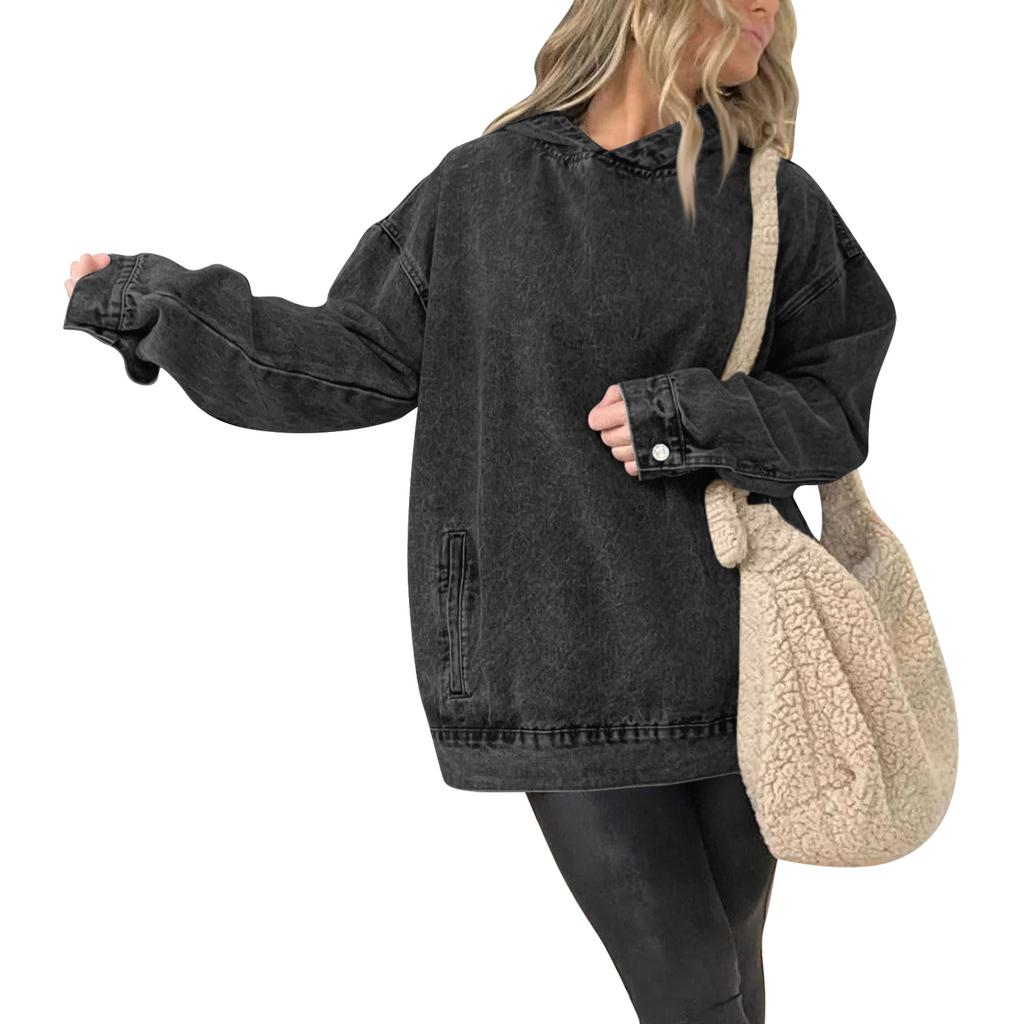 Women's Casual Pullover Denim Jacket Vintage Distressed Jean Hoodie Jacket Tops