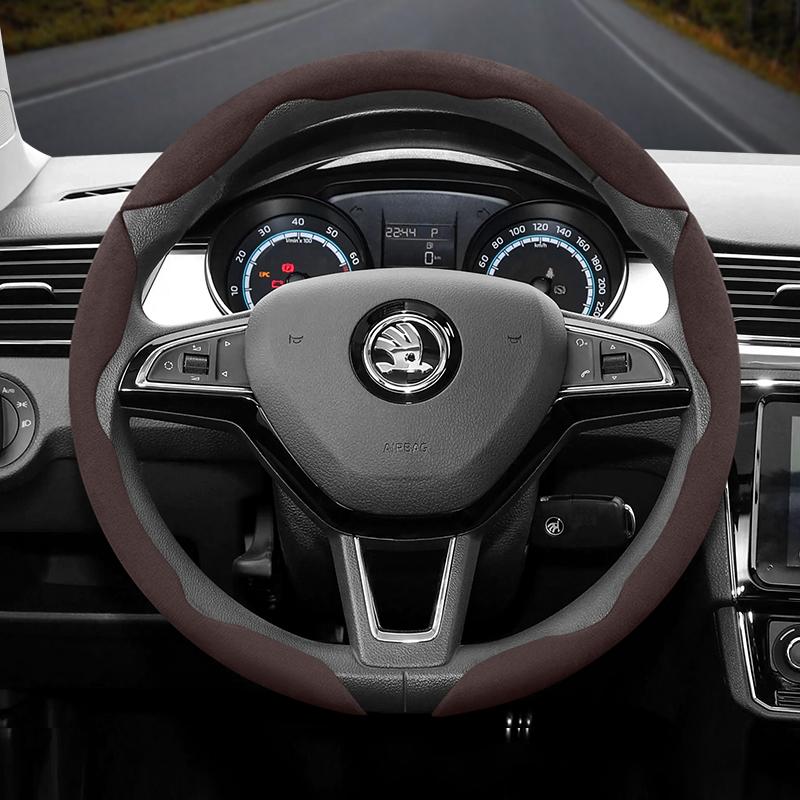 Suitable for Skoda Anti-Slip Buckle Segmented Suede Steering Wheel Cover Suitable for Kodiaq Octavia3 Octavia2 Superb3 Fabia Karoq Octavia A7 Rapid 