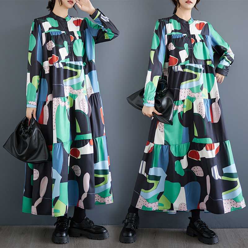 

Платья миди свободного кроя большого размера с длинным рукавом и принтом One Size