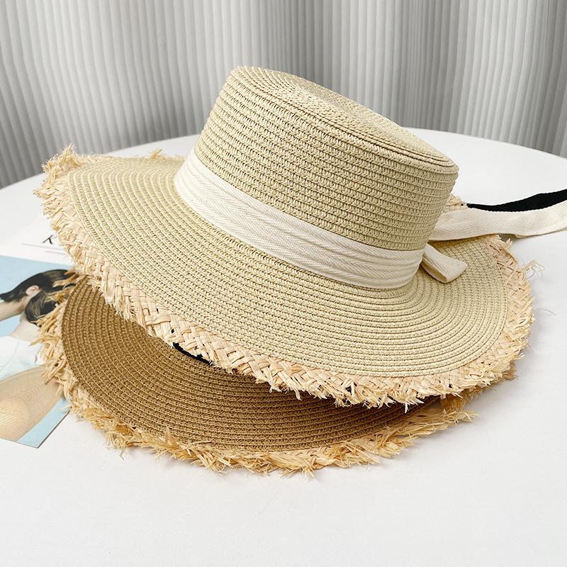 Summer Eaves Anti-UV Shade Flat Top Straw Bow Fringed Hat Female