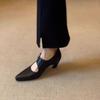Sheepskin version~ French thick heel pointed single shoes women's shallow mouth versatile one-word buckle temperament retro Mary Jane high heels