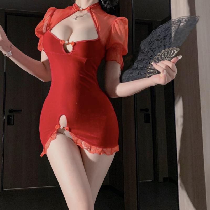 Sex Underwear Velvet and Lace Charming Cheongsam Sex Underwear Sexy Dew Ditch Perspective Suit Women