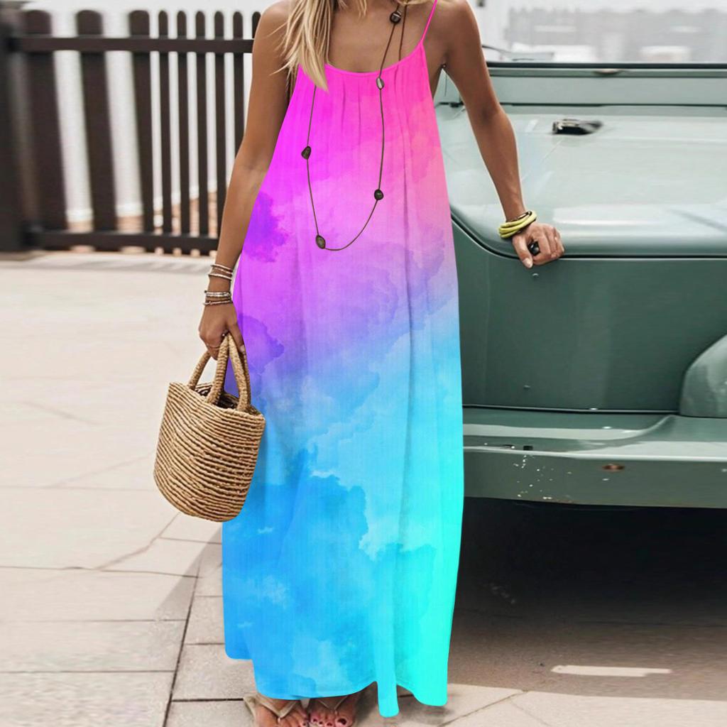 Dámské Módní Ležérní Volné Šaty s Květinovým Potiskem a Úzkými Ramínky Bez Zad