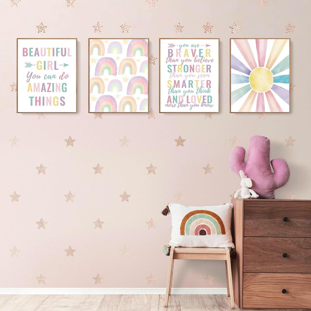 LARTSFRO Boho Pastel Rainbow Sunshine pirational Nursery Wall Art Prints Set of 4, Baby Girl Room Decor, Positive Affirmations Artwork Posters Wall