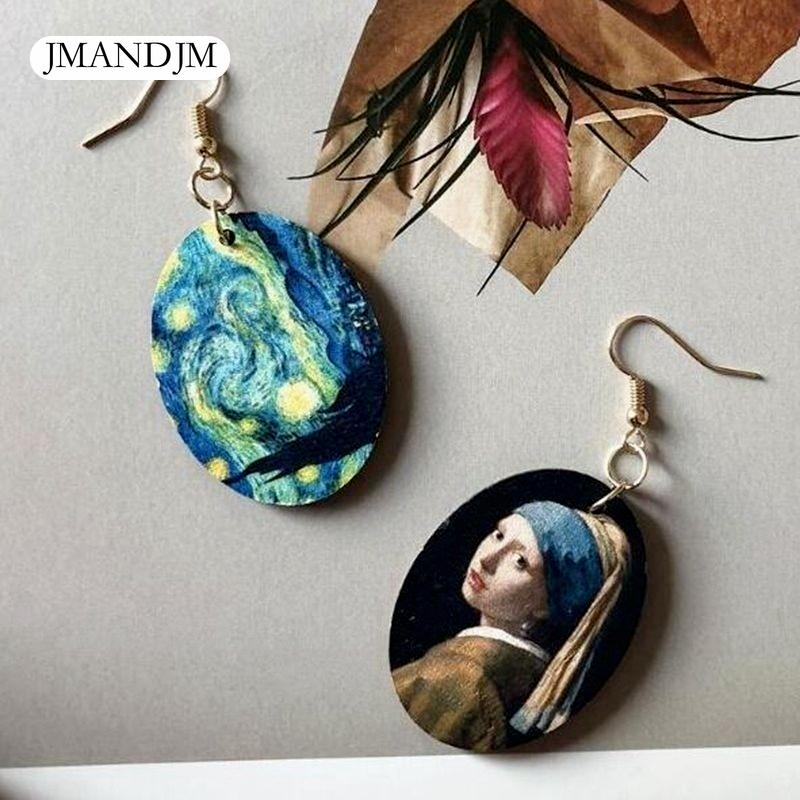 Dámske oválne drevené náušnice v štýle retro olejomaľby