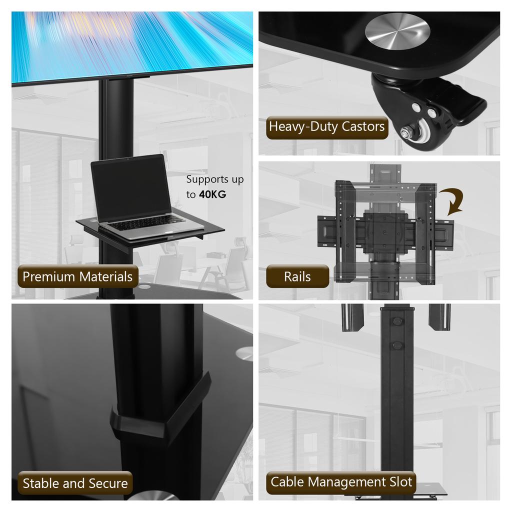 Heavy-Duty Rolling TV Stand for 37-70" Screens Supports 88 lbs, Stable Mobile TV Cart with Shelf Rolling TV Stand on Wheels