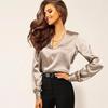 European & American Deep V-Neck Satin Long Sleeve Women's Shirt for Spring & Autumn
