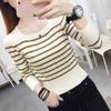 Women's Square Neck Striped Sweater Spring Autumn Fashion Designed Long Sleeve Top Short Length Knitted Base Layer